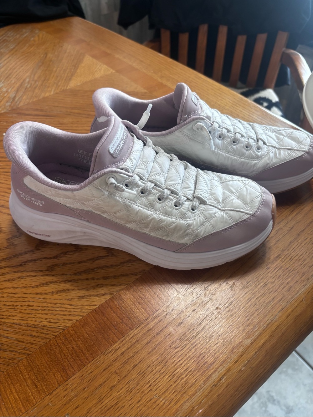 Skechers Women's Quilted Slip-On Sneakers in Mauve and White